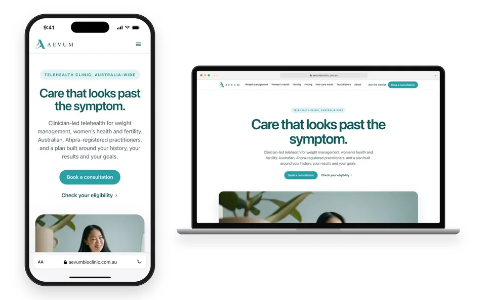 The Aevum Bio Clinic website on a phone and a laptop