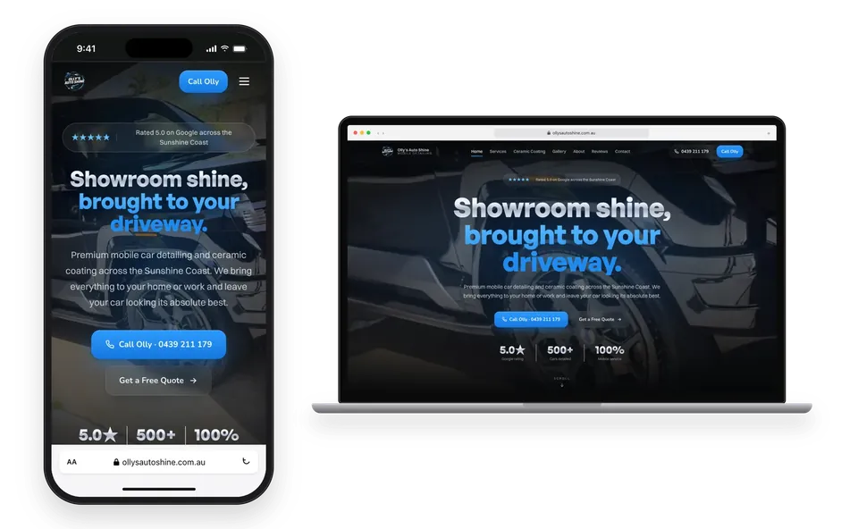 The Olly's Auto Shine website on a phone and a laptop