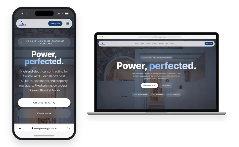 The Voltage Energy website on a phone and a laptop